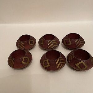 Artisan Hand-painted Lot of 6 Dark Brown Wood Napkin Ring Holders